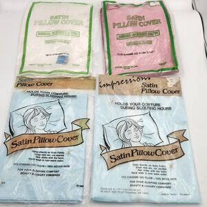 Vintage Satin Pillow Covers Cases Lot of 4 Blue Pink Ivory NOS Bedding USA
